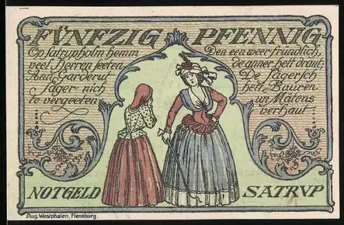 Notgeld Satrup 1921, 50 Pfennig, Frauen in Tracht, Gebäude mit Fahnen und Wappen