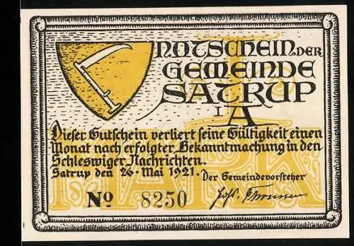 Notgeld Satrup 1921, 1 Mark, Ritter auf Pferd und Wappen mit Sense, Seriennummer 8250