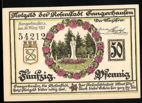 Notgeld Sangerhausen 1921, 50 Pfennig, Statue im Rosengarten und historische Gebäude