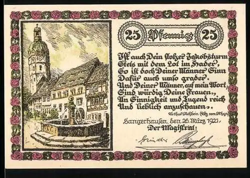 Notgeld Sangerhausen 1921, 25 Pfennig, Stadtansicht mit Brunnen und Gedicht, Rosen und Wappen mit Seriennummer 79581