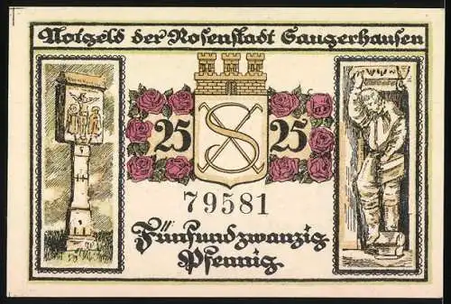 Notgeld Sangerhausen 1921, 25 Pfennig, Stadtansicht mit Brunnen und Gedicht, Rosen und Wappen mit Seriennummer 79581