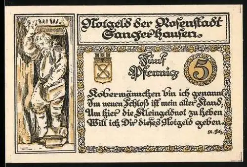 Notgeld Sangerhausen 1921, 5 Pfennig, Riese und historische Gebäude, Wappen und Signaturen