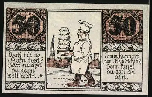 Notgeld Salzwedel 1921, 50 Pfennig, Stadtwappen und Bäcker mit Kuchen, Seriennummer 34971