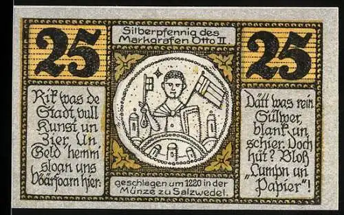 Notgeld Salzwedel 1921, 25 Pfennig, Silberpfennig des Markgrafen Otto II., Stadtwappen und landwirtschaftliche Szenen