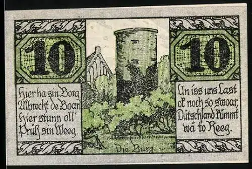 Notgeld Salzwedel 1921, 10 Pfennig, Burg Albrecht der Bär, Bauern mit Säcken, Seriennummer 81171, Wappen