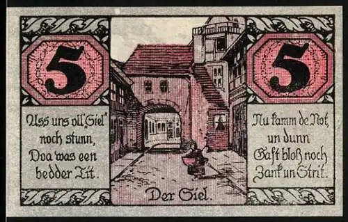 Notgeld Salzwedel 1921, 5 Pfennig, Stadtansicht und Arbeiter mit Werkzeugen, Seriennummer 72030, Wappen