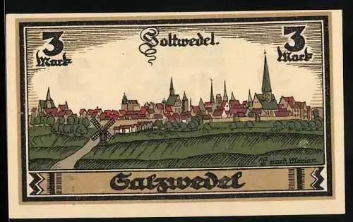Notgeld Salzwedel 1921, 3 Mark, Stadtansicht und Wappen, Seriennummer 030671
