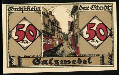 Notgeld Salzwedel 1921, 50 Pfennig, Stadtansicht und Wappen, Seriennummer 50771