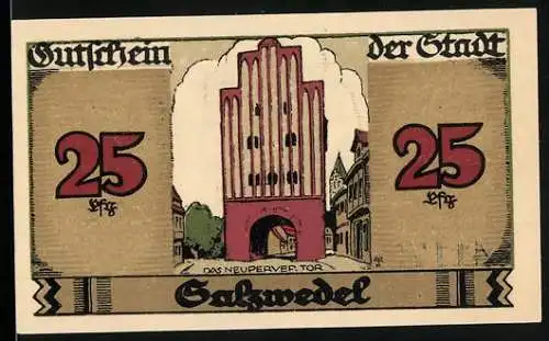 Notgeld Salzwedel 1921, 25 Pfennig, Neuperver Tor und Wappen, Seriennummer 41170