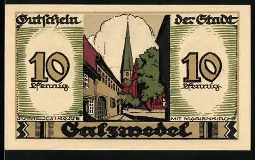 Notgeld Salzwedel 1921, 10 Pfennig, Schmiedestrasse mit Marienkirche, Wappen und Burgmauer, Seriennummer 014534