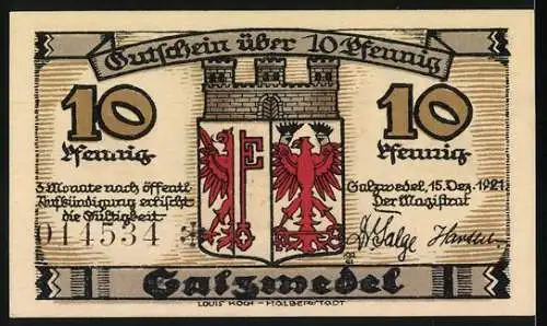 Notgeld Salzwedel 1921, 10 Pfennig, Schmiedestrasse mit Marienkirche, Wappen und Burgmauer, Seriennummer 014534