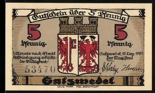 Notgeld Salzwedel 1921, 5 Pfennig, Stadtwappen und Stadtansicht mit Tor