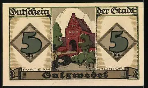 Notgeld Salzwedel 1921, 5 Pfennig, Stadtwappen und Stadtansicht mit Tor