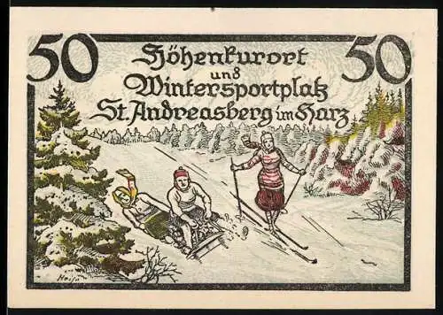 Notgeld St. Andreasberg 1921, 50 Pfennig, Wintersportler und Bahnhofsmotiv, Seriennummer 03312, Wappen