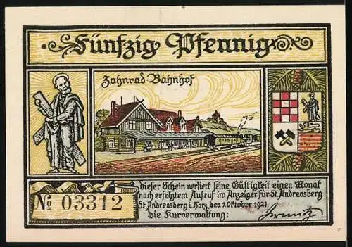 Notgeld St. Andreasberg 1921, 50 Pfennig, Wintersportler und Bahnhofsmotiv, Seriennummer 03312, Wappen