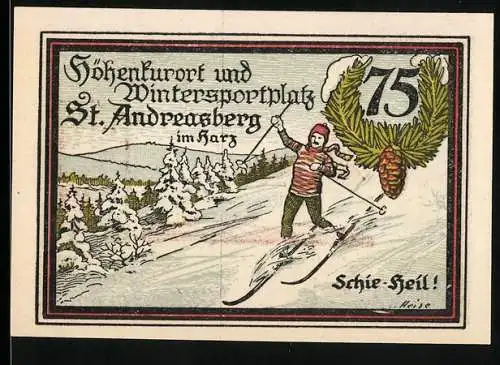 Notgeld St. Andreasberg 1921, 75 Pfennig, Skifahrer im Winterwald, Bahnhof, Seriennummer 03310, Wappen