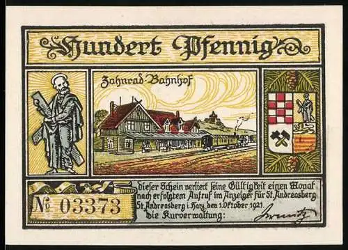 Notgeld St. Andreasberg 1921, 100 Pfennig, Bahnhof, Bergmann, Stadtansicht und Wappen, Nr. 03373