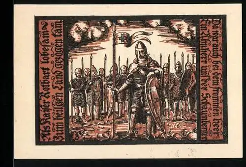 Notgeld Schalkau 1921, 50 Pfennig, Ritter und Wappen mit Lanzen, Seriennummer 21773
