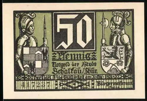 Notgeld Schalkau 1921, 50 Pfennig, zwei Ritter mit Wappen, Burgruine und Wolken