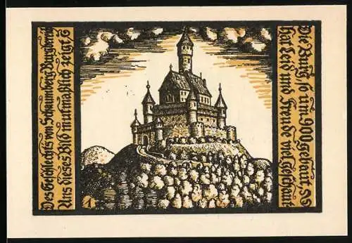 Notgeld Schalkau / Thur 1921, 50 Pfennig, Burg auf Hügel, zwei Ritter mit Wappen, Seriennummer 117443