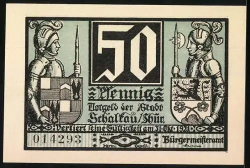 Notgeld Schalkau 1921, 50 Pfennig, Ritter mit Wappen und historische Szene, Seriennummer 014293, Wappen der Stadt