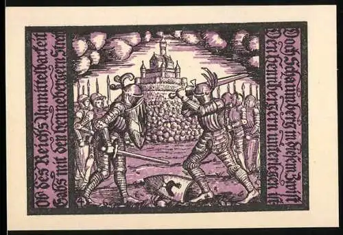 Notgeld Schalkau 1920, 50 Pfennig, Ritterkampf vor einer Burg, Seriennummer 530680