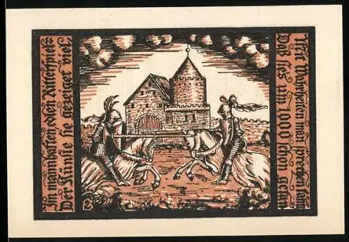 Notgeld Schalkau 1921, 50 Pfennig, Ritter und Burgmotiv, Seriennummer 319427