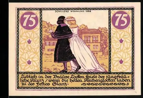 Notgeld Rudolstadt 1921, 75 Pfennig, Schillers Wohnung 1788, Löwenwappen, Glocken, Seriennummer 26682