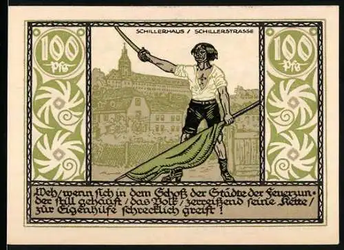 Notgeld Rudolstadt 1921, 100 Pfennig, Mann mit Fahne und Schillerhaus, Seriennummer 26682, Löwenwappen