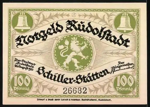 Notgeld Rudolstadt 1921, 100 Pfennig, Mann mit Fahne und Schillerhaus, Seriennummer 26682, Löwenwappen