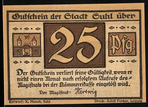 Notgeld Suhl, 25 Pfennig, Stadttor und Gewehr-Motiv, 1921
