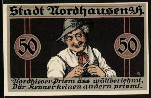 Notgeld Nordhausen 1921, 50 Pfennig, Mann mit Hut, Stadtwappen, Seriennummer 034566