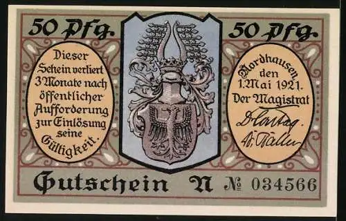 Notgeld Nordhausen 1921, 50 Pfennig, Mann mit Hut, Stadtwappen, Seriennummer 034566