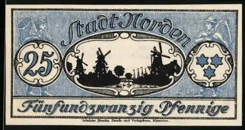 Notgeld Norden 1921, 25 Pfennig, Windmühlen und Stadtwappen, Seriennummer 154767