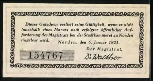 Notgeld Norden 1921, 25 Pfennig, Windmühlen und Stadtwappen, Seriennummer 154767