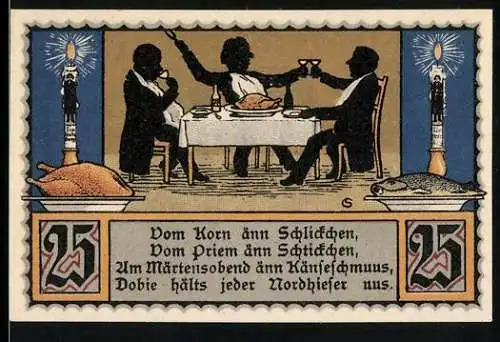 Notgeld Nordhausen 1921, 25 Pfennig, Essende Personen um einen Tisch, Seriennummer 034566, Wappen der Stadt Nordhausen