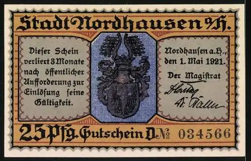 Notgeld Nordhausen 1921, 25 Pfennig, Essende Personen um einen Tisch, Seriennummer 034566, Wappen der Stadt Nordhausen