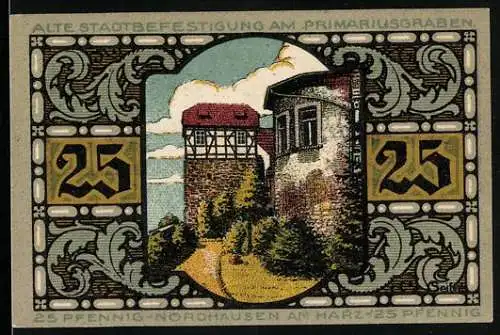 Notgeld Nordhausen 1921, 25 Pfennig, Stadtbefestigung und Statue Der Riese, Seriennummer 082498