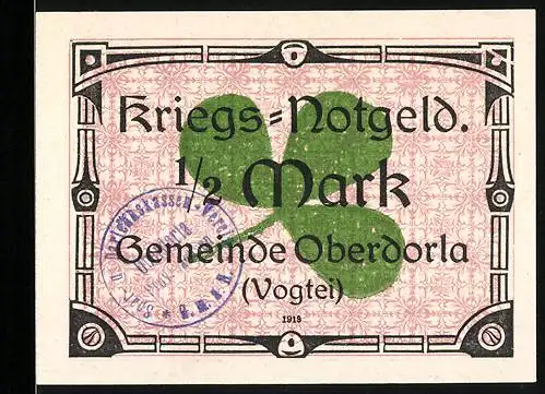 Notgeld Oberdorla (Vogtei) 1918, 1 /2 Mark, Kleeblatt und ornamentale Umrandung