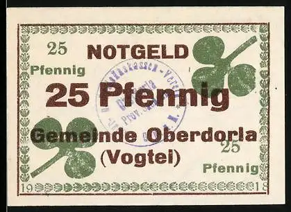Notgeld Oberdorla (Vogtei) 1918, 25 Pfennig, Kleeblatt-Motiv