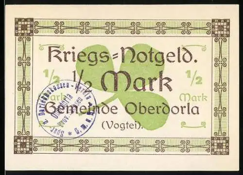 Notgeld Oberdorla 1918, 1 /2 Mark, Kleeblatt-Motiv und Gedicht