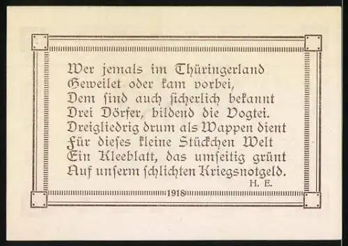 Notgeld Oberdorla 1918, 1 /2 Mark, Kleeblatt-Motiv und Gedicht