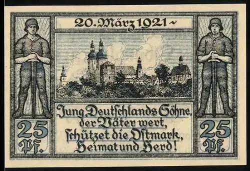 Notgeld Oberglogau 1921, 25 Pfennig, Landschaft mit Burg und Soldaten, Stadtwappen