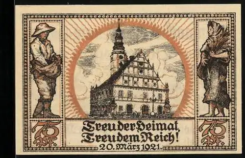 Notgeld Oberglogau 1921, 75 Pfennig, Stadtansicht mit Bauern und Wappen