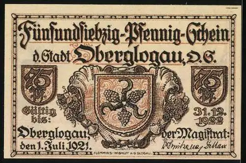 Notgeld Oberglogau 1921, 75 Pfennig, Stadtansicht mit Bauern und Wappen