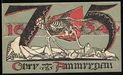 Notgeld Oberammergau 1921, 75 Pfennig, Skelett über Dorf und gotische Schrift