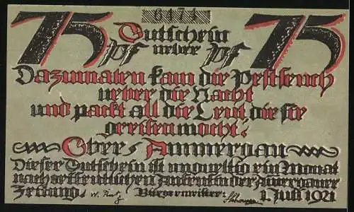 Notgeld Oberammergau 1921, 75 Pfennig, Skelett über Dorf und gotische Schrift