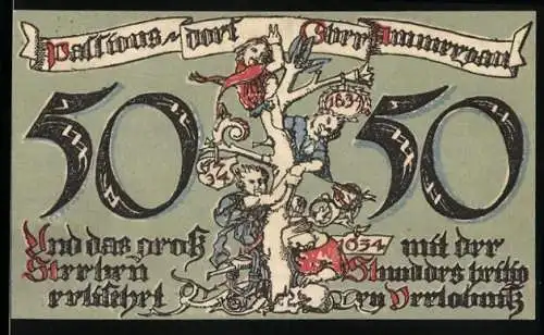 Notgeld Oberammergau 1921, 50 Pfennig, mit Baum und religiösen Figuren, Landschaft und Gebäude im Hintergrund