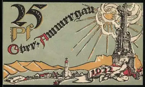 Notgeld Oberammergau 1921, 25 Pfennig, Dorfansicht und Denkmal mit Sonne und Engel, Seriennummer und Wappen