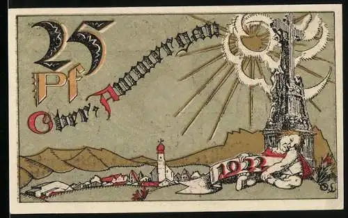 Notgeld Oberammergau 1921, 25 Pfennig, Dorflandschaft und religiöse Motive